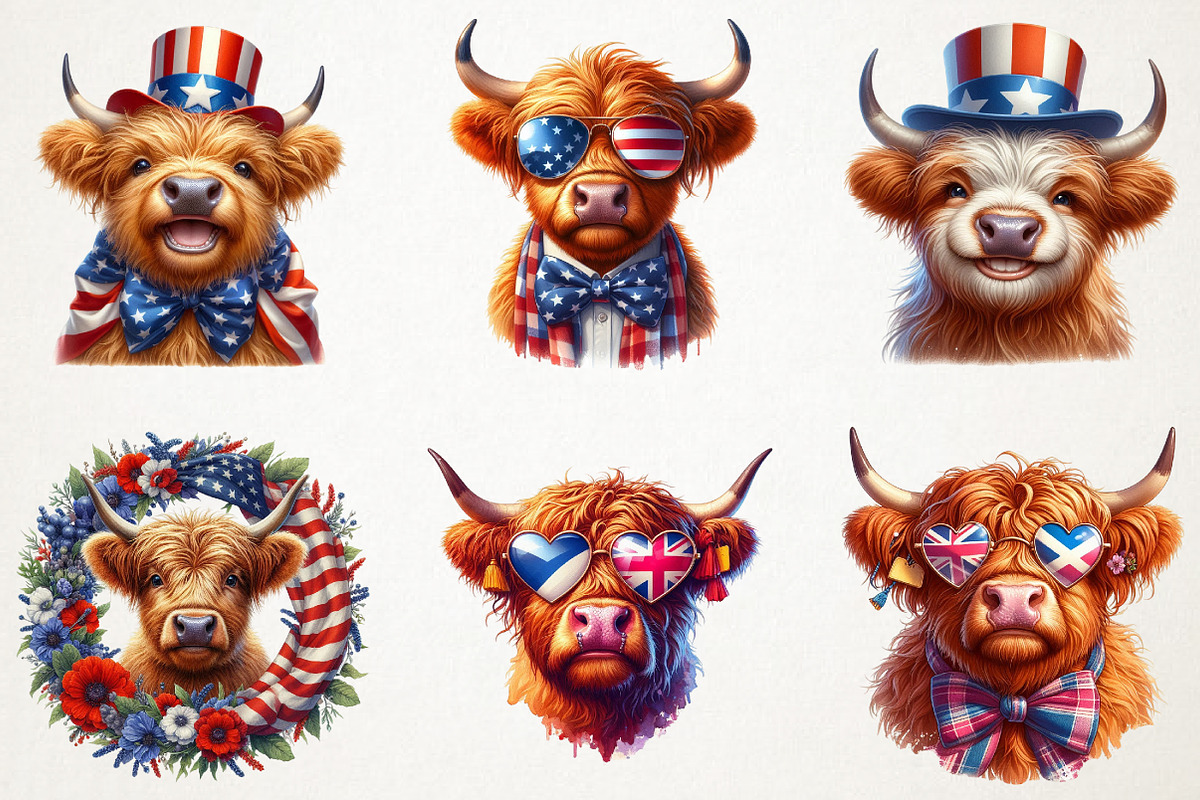 4th July Highland Cow Sublimation PN, a Seasonal Illustration by RobertsArt (Photo 7 of 7)