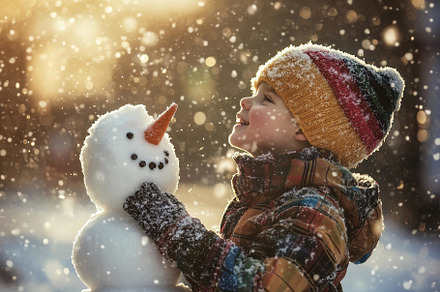 Joyful child builds a snowman while, a Photo by Tanuart