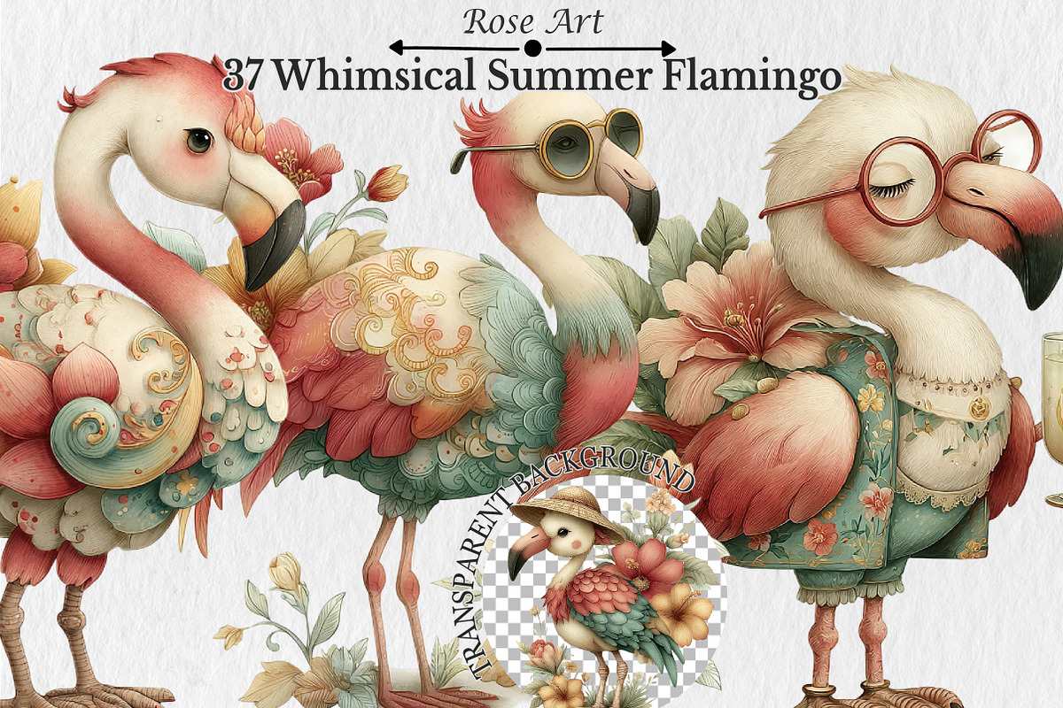 Whimsical Summer Flamingo Clipart, a Seasonal Illustration by Rose Art (Photo 1 of 7)