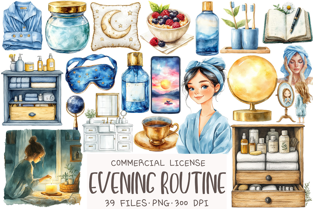 Watercolor Evening Routine Clipart, an Illustration by OK Design (Photo 1 of 5)