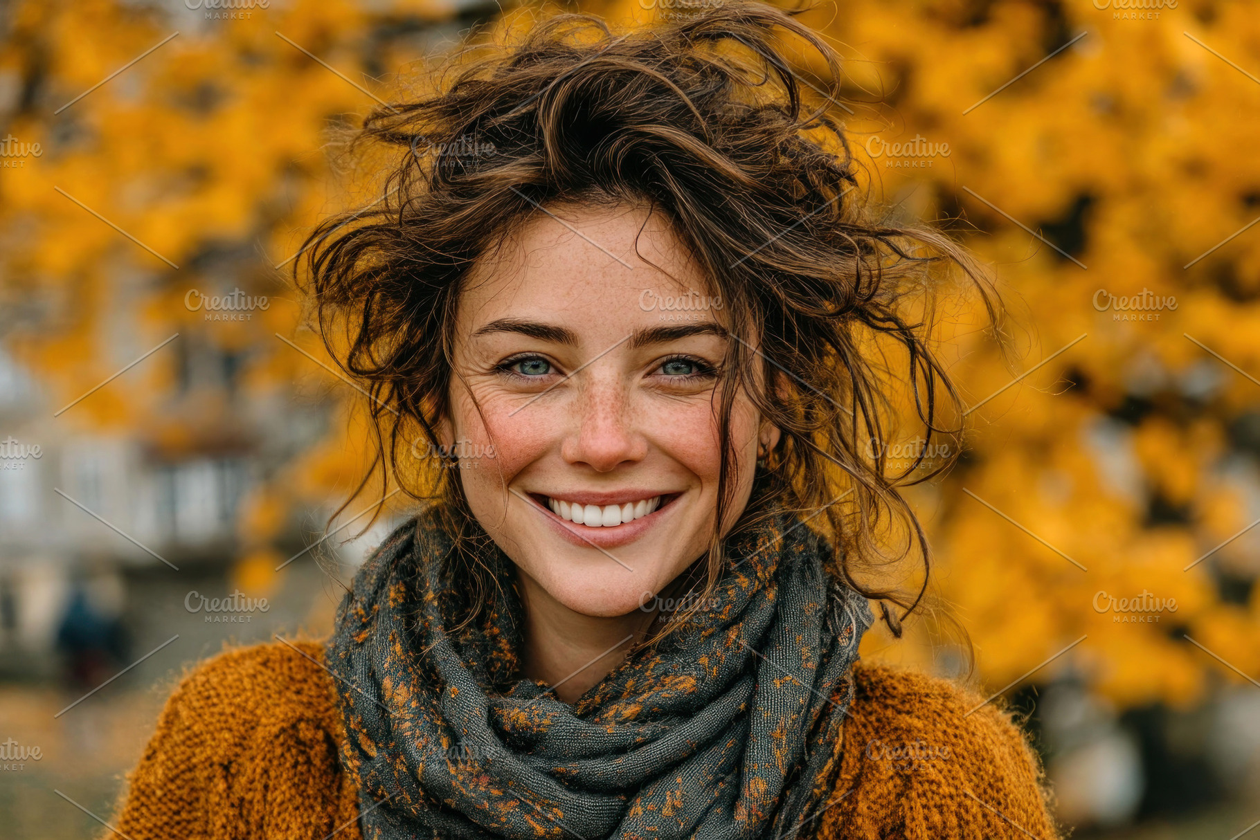 Smiling woman with tousled hair and freckles wearing cozy scarf, a Person Photo by José Manuel Gelpi