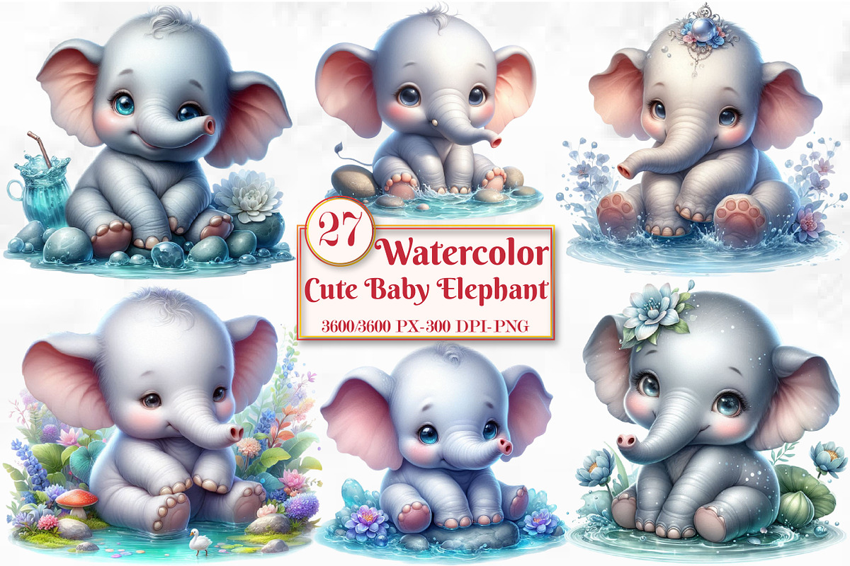Watercolor Cute Baby Elephant, a Seasonal Illustration by Craft Nest (Photo 1 of 5)
