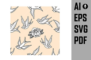 Seamless Pattern With Swallows