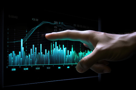 Finger touching data graph chart dis, a Photo by SaroStock