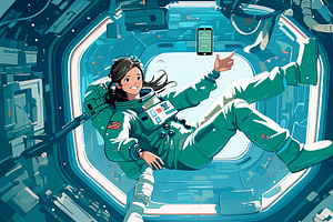 Female Astronaut Floating In A Spaceship Interior In Zero Gravity