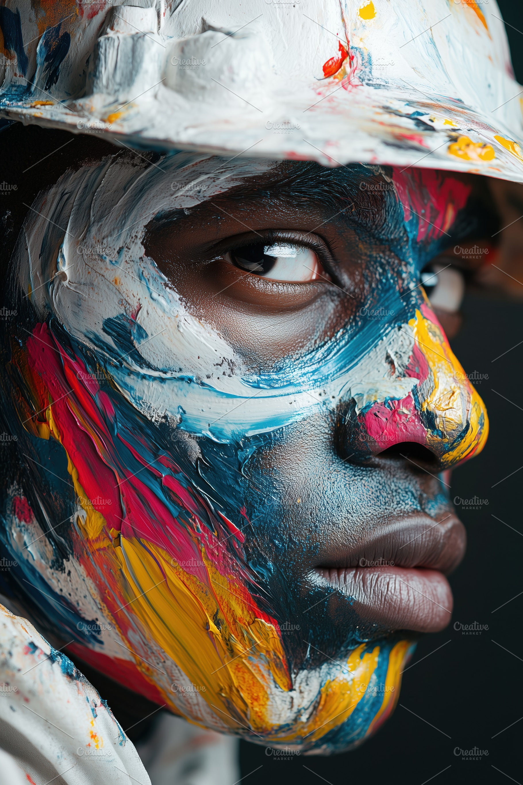 A close-up portrait of a person with a painted face, showcasing vibrant colors, a Person Photo by Textures & Backgrounds