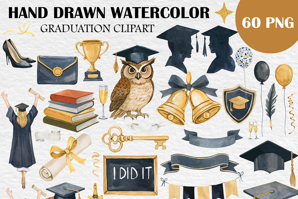 Watercolor Graduation Clipart PNG, an Education Illustration by PatternPalette (Photo 2 of 5)