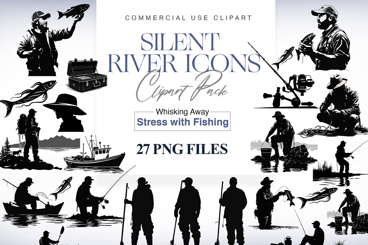Fishing Silhouette Clipart, Line Art, an Illustration by BrushstrokeArtGB (Photo 1 of 9)