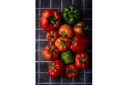 Colorful bell pepper on black, a Food & Drink Photo by Yulia Furman