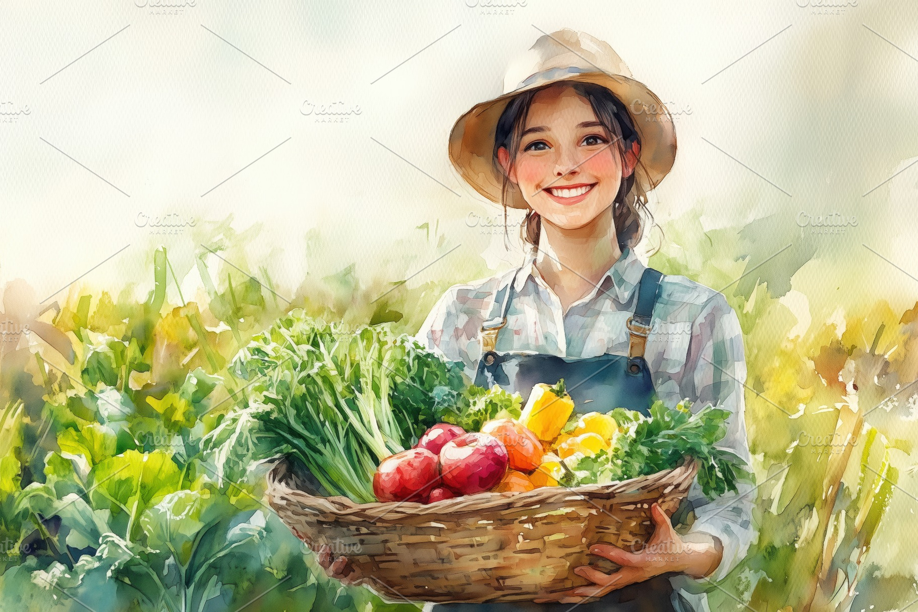 A young girl in a straw hat smiles while holding a basket filled with fresh veg, a Person Photo by Textures & Backgrounds