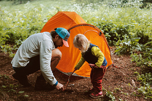 Father and daughter set camping tent travel family active vacations hiking gear