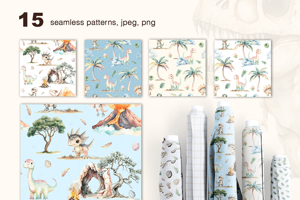 Watercolor dino. Patterns, Clip Art, an Animal Illustration by Pattern + watercolor (Photo 9 of 15)