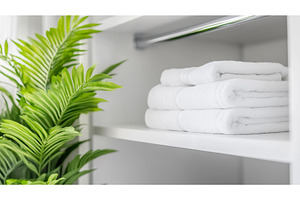 Fresh white towels on shelf with, a Nature Photo by Lermont51