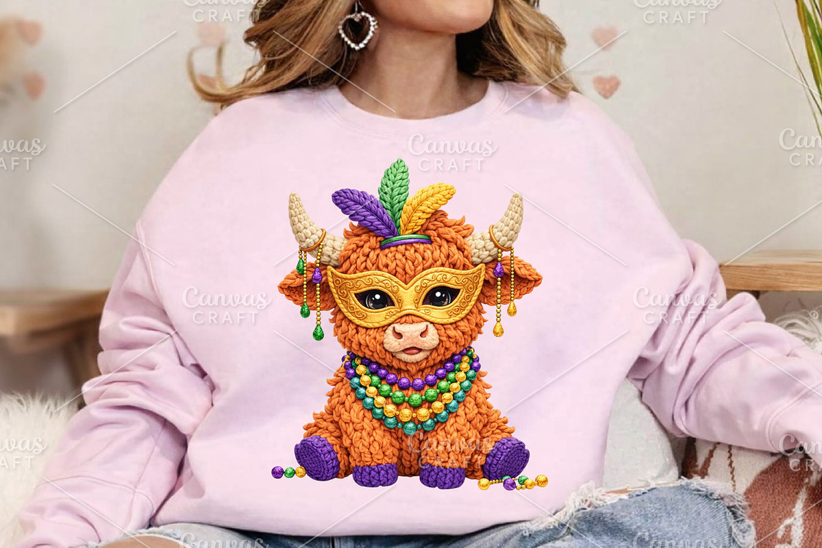 Crochet Mardi Gras Highland Cow PNG, an Illustration by Canvas Craft (Photo 3 of 6)