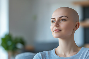 A bald woman wearing light blue, a Person Photo by MistyDay