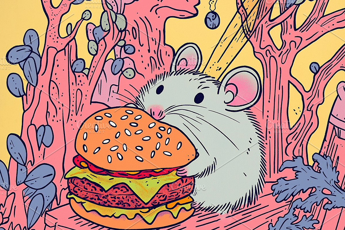 A hamster eating a big hamburger, an Animal Illustration by Sybillla