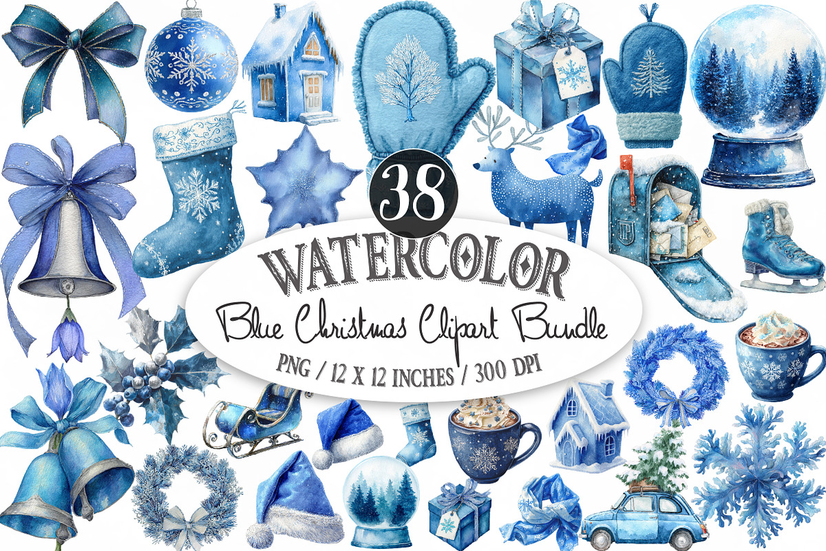 Watercolor Blue Christmas Clipart, an Illustration by Designking (Photo 1 of 4)