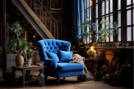 Bold Blue armchair modern. Generate, an Arts & Entertainment Photo by Ylivdesign