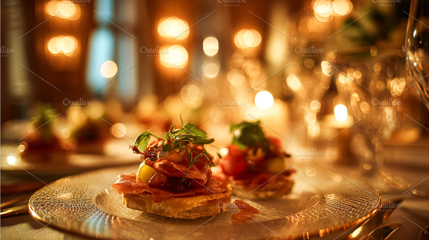 Gourmet appetizers serving on glass plates at a luxury restauran, a Food & Drink Photo by Studio ANNA