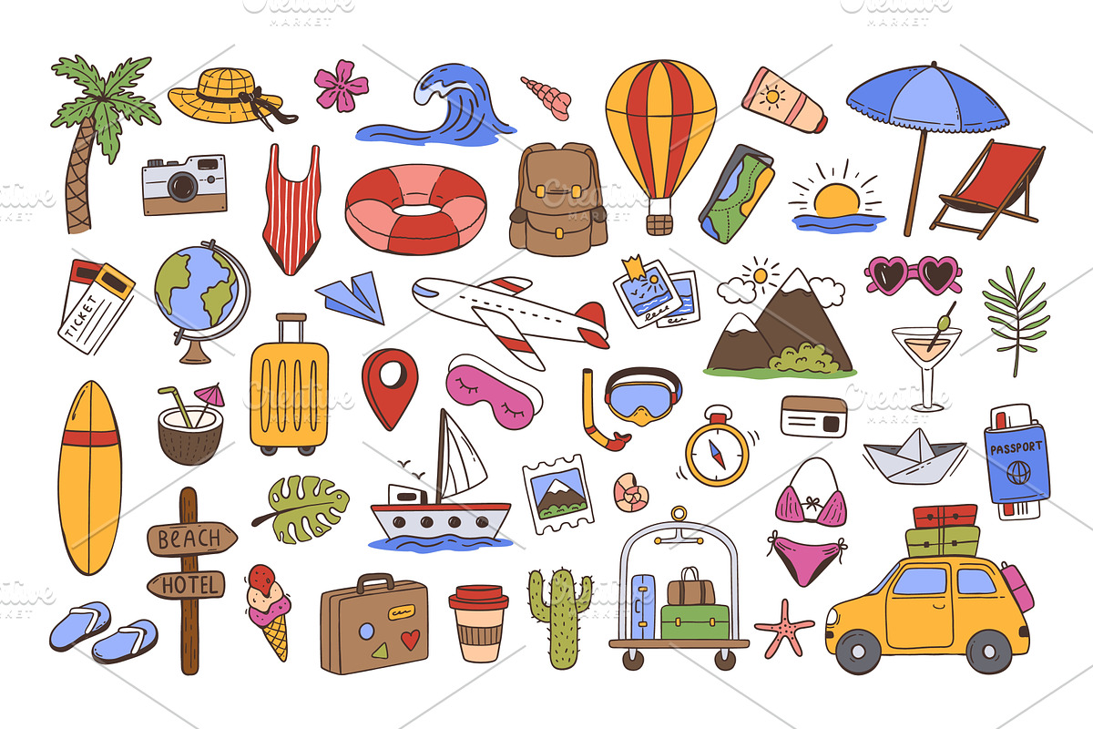 Travel icons. Airplane, suitcase and, an Object Illustration by winwin.art
