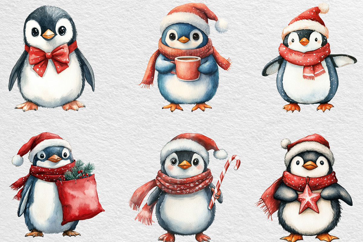 Christmas Penguin Watercolor Clipart, an Illustration by Black Bird Studio (Photo 5 of 6)