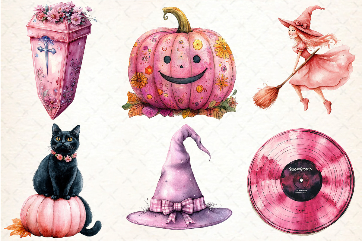 Pink Retro Halloween Clipart Bundle, an Illustration by DreamCafeArt (Photo 2 of 7)