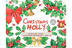 Watercolor Christmas Holly Clipart