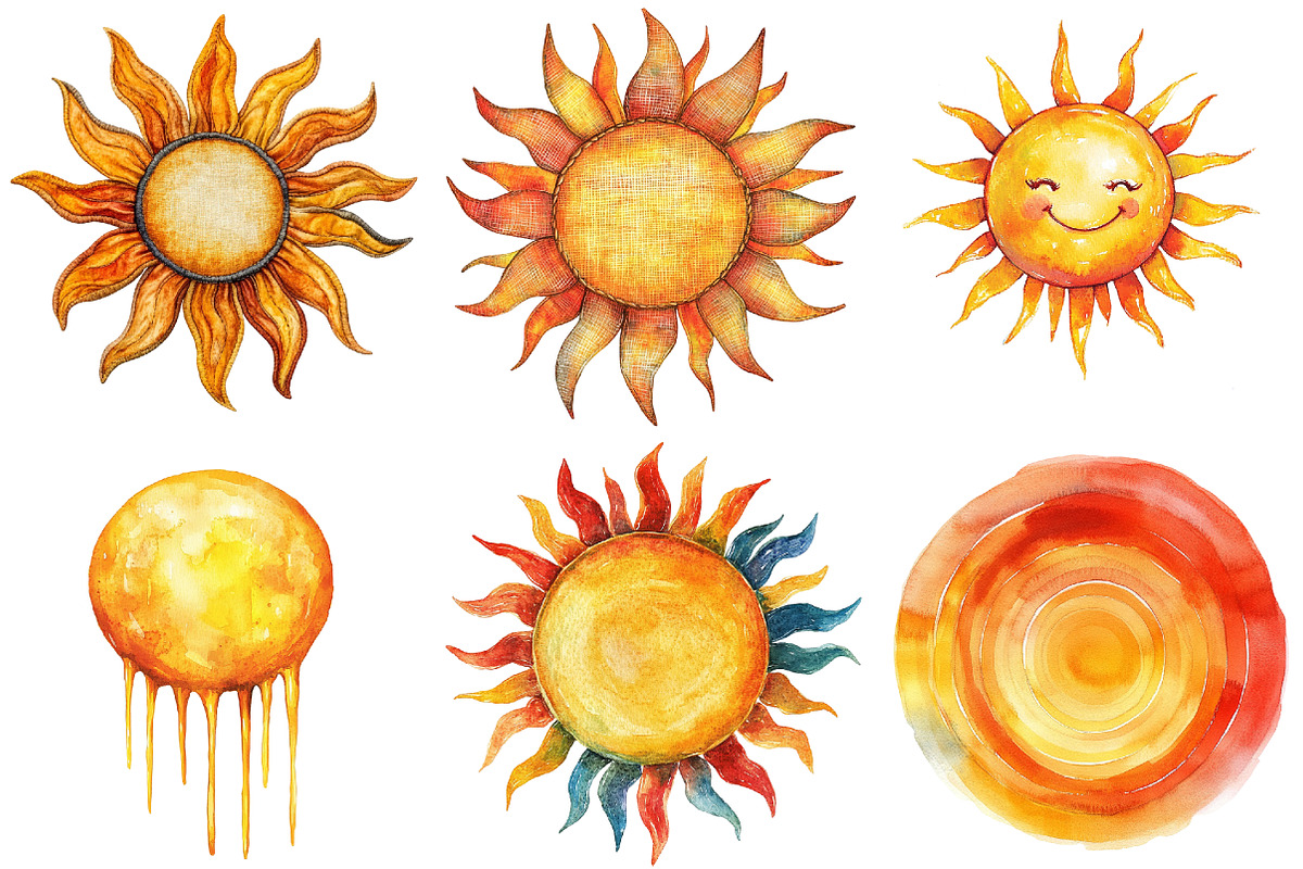 Watercolor Sun Designs for Summer, an Illustration by Pixels.Craft (Photo 6 of 7)