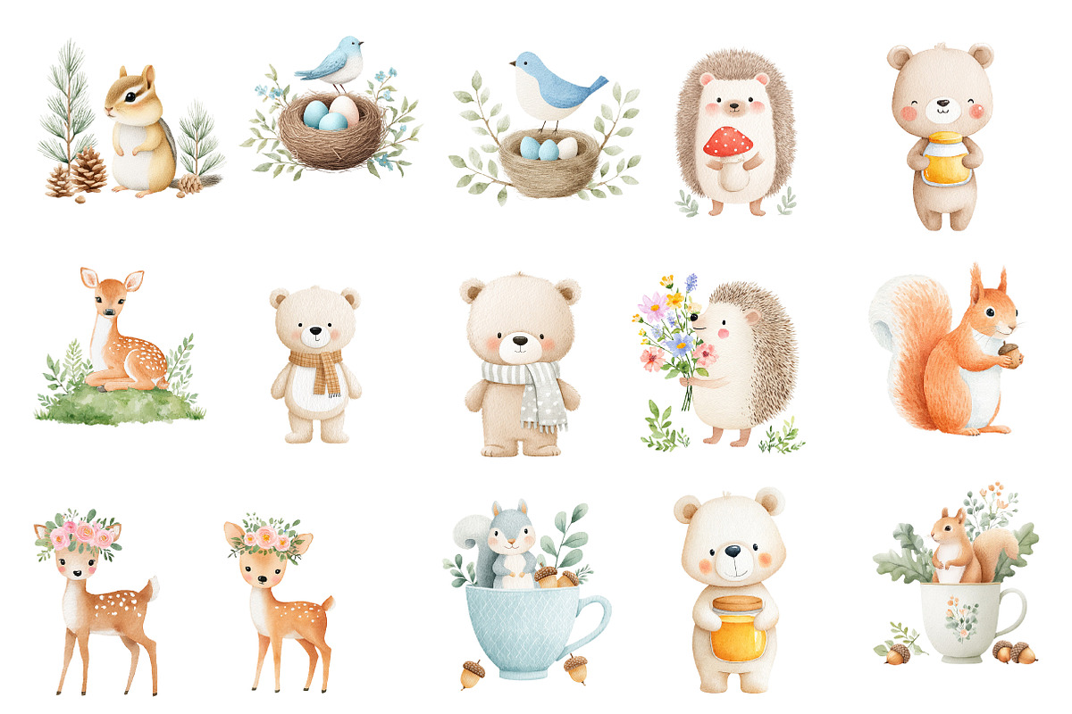 Watercolor Woodland Animals Clipart, an Illustration by Designworld (Photo 3 of 5)