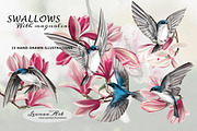 Swallows with magnolias Clipart Set, a Seasonal Illustration by Leonaa art (Thumbnail 5 of 11)