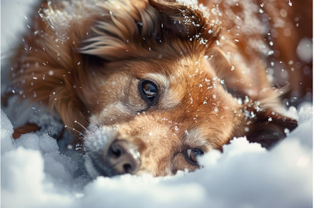 Brown dog lying on snow during, an Animal Photo by Ylivdesign