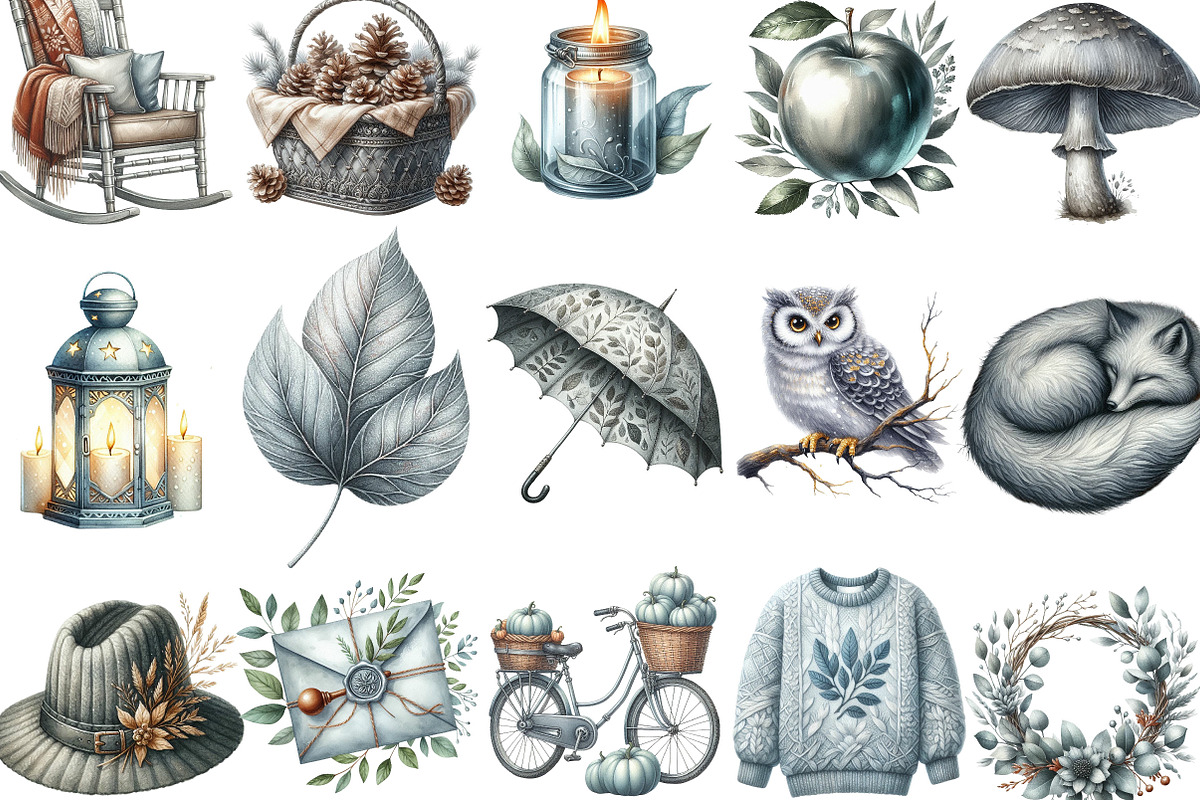 Watercolor Silver Autumn Clipart, an Illustration by Designking (Photo 2 of 4)