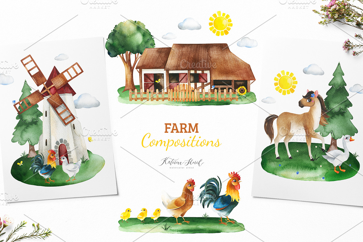 Watercolor Farm Collection., an Animal Illustration by Kate_Rina (Photo 6 of 9)