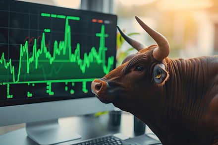 Big bull sitting near computer screen with green stock market. Bull market, a Business Photo by AlyaAnd
