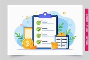 Checklist clipboard with coins, an Illustration by Tanuart