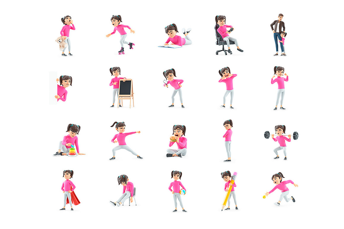 Cartoon Girl – Set of 50 Poses, a Person Illustration by 3DMask (Photo 4 of 6)