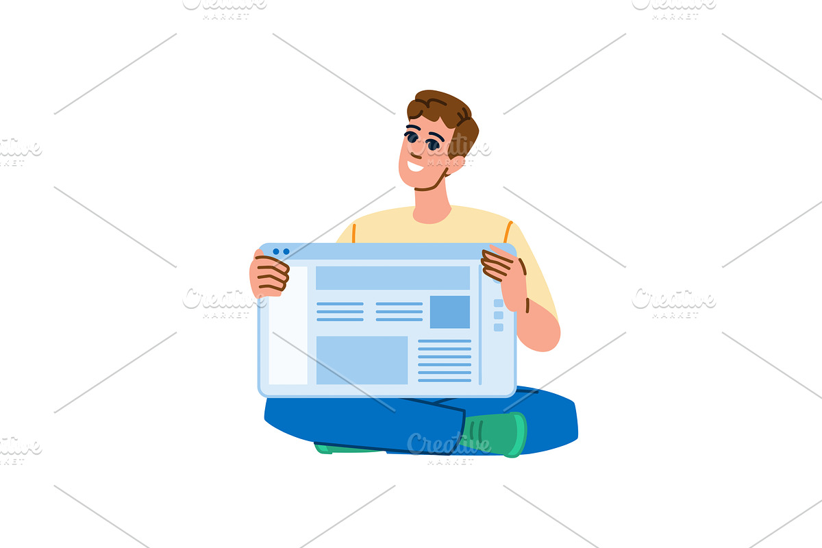 Smiling man showing digital tablet, a Person Illustration by pikepicture