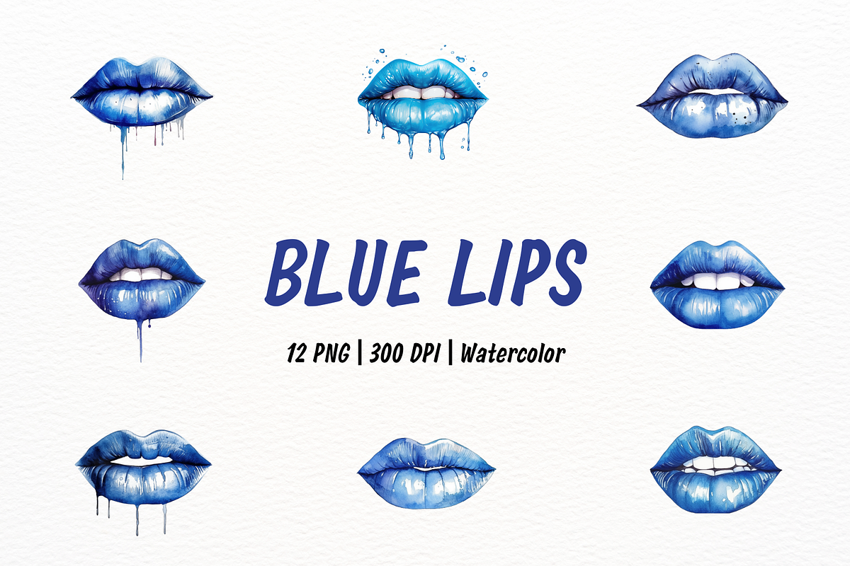 Glossy Blue Watercolor Lips, an Object Illustration by New-School-Wave (Photo 1 of 5)