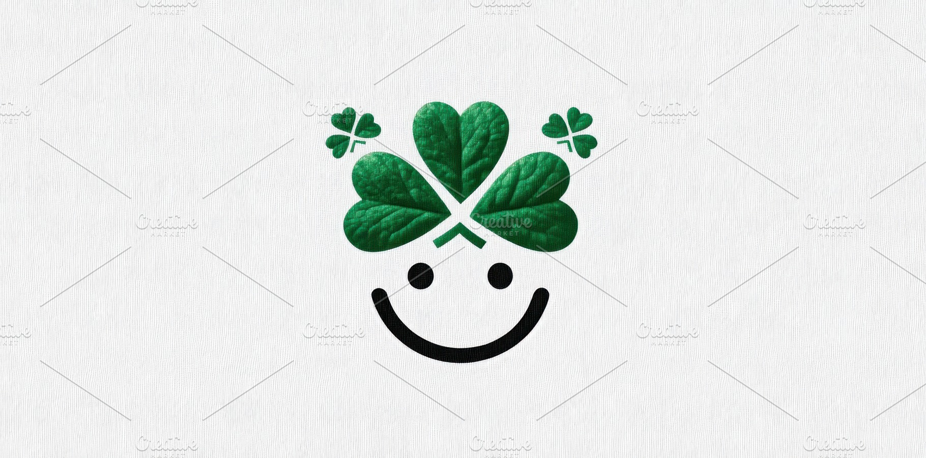 Minimalist smiley face with green clover leaves as hair on white, an Abstract Photo by José Manuel Gelpi