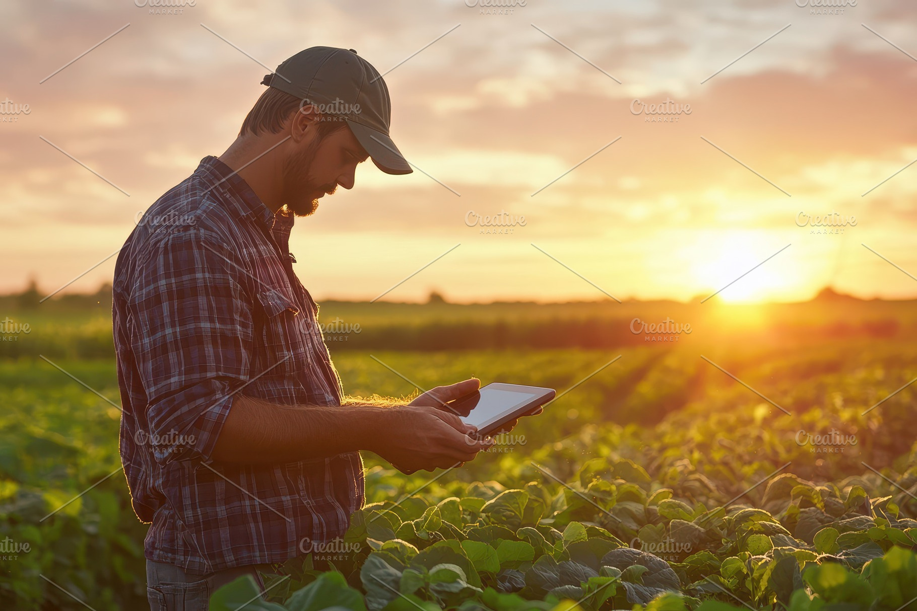 Farmer uses digital tablet in soybea, a Photo by Pavel_design