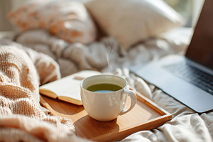 Morning routine of a freelancer enjoying tea in a cozy bedroom setting with lap, a Food & Drink Photo by AlyaAnd