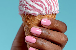 Pink and white zebra-striped ice cream scoop in a waffle cone he, a Photo by José Manuel Gelpi