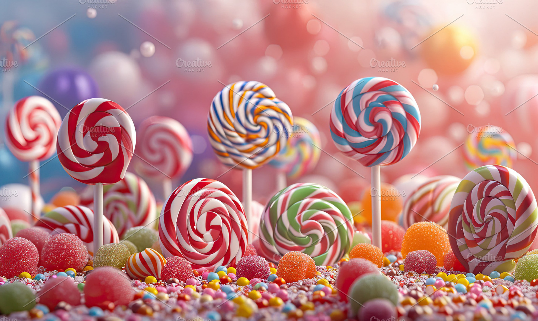 candies playfully scattered on a whi, a Photo by LOGOCREATIVE