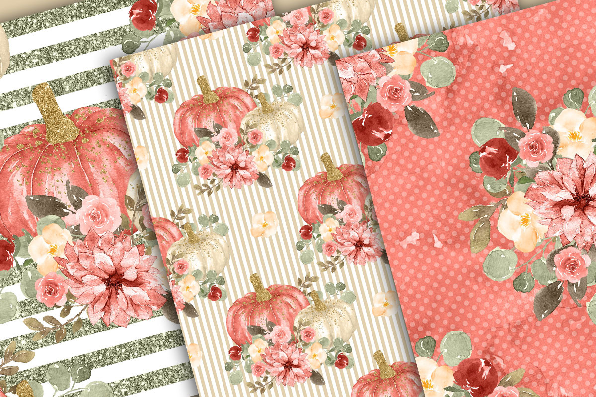 Floral Pumpkin digital paper pack, a Pattern Graphic by designloverstudio