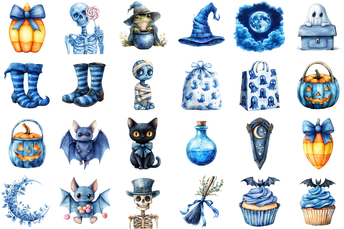 Watercolor Blue Halloween Clipart, an Illustration by Sublimation Artist (Photo 2 of 6)