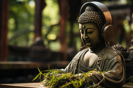Ancient Asian Buddha Statue Wearing Modern Headphones Amongst Nature, a Photo by AS photostudio