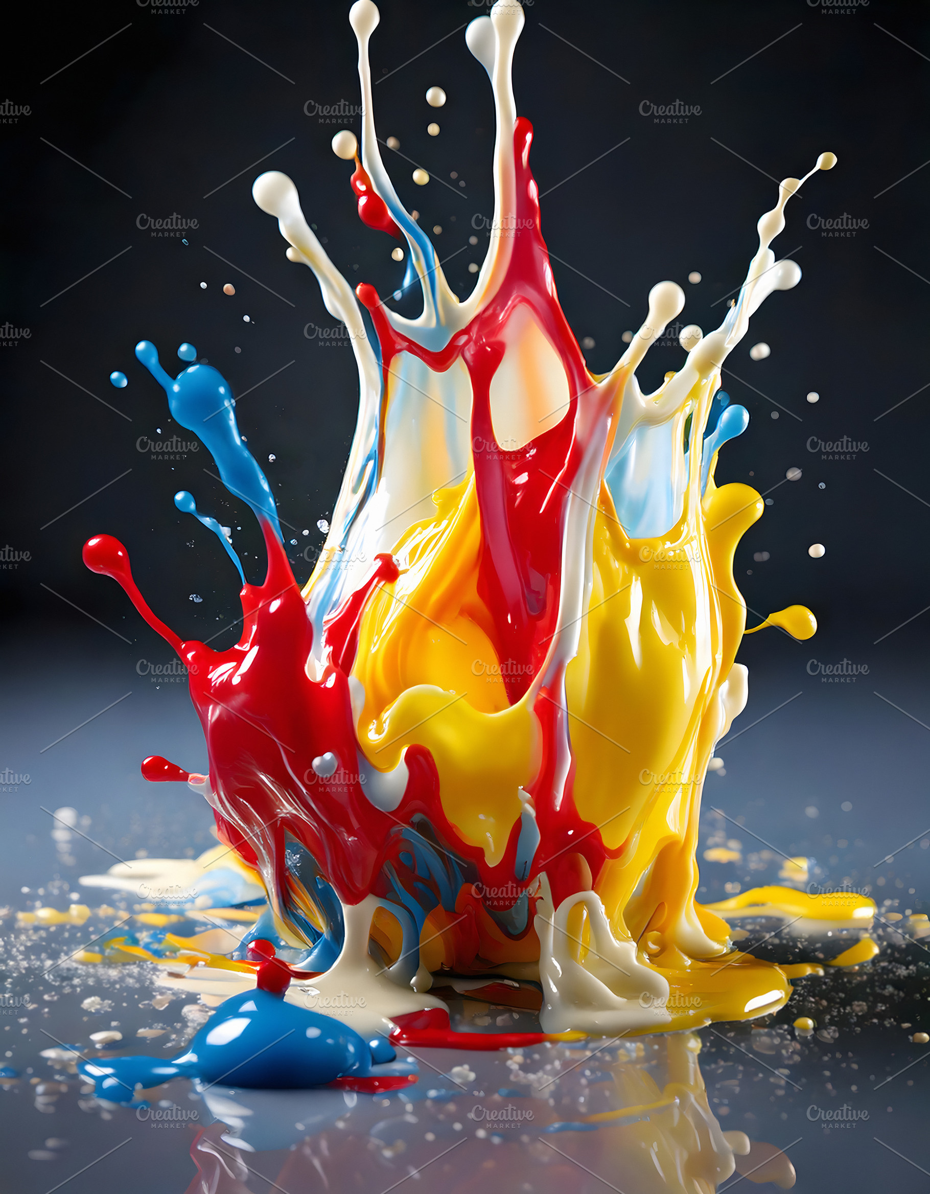 Colorful paint splashing in 3d over shiny milk surface, an Abstract Photo by GoodGoods