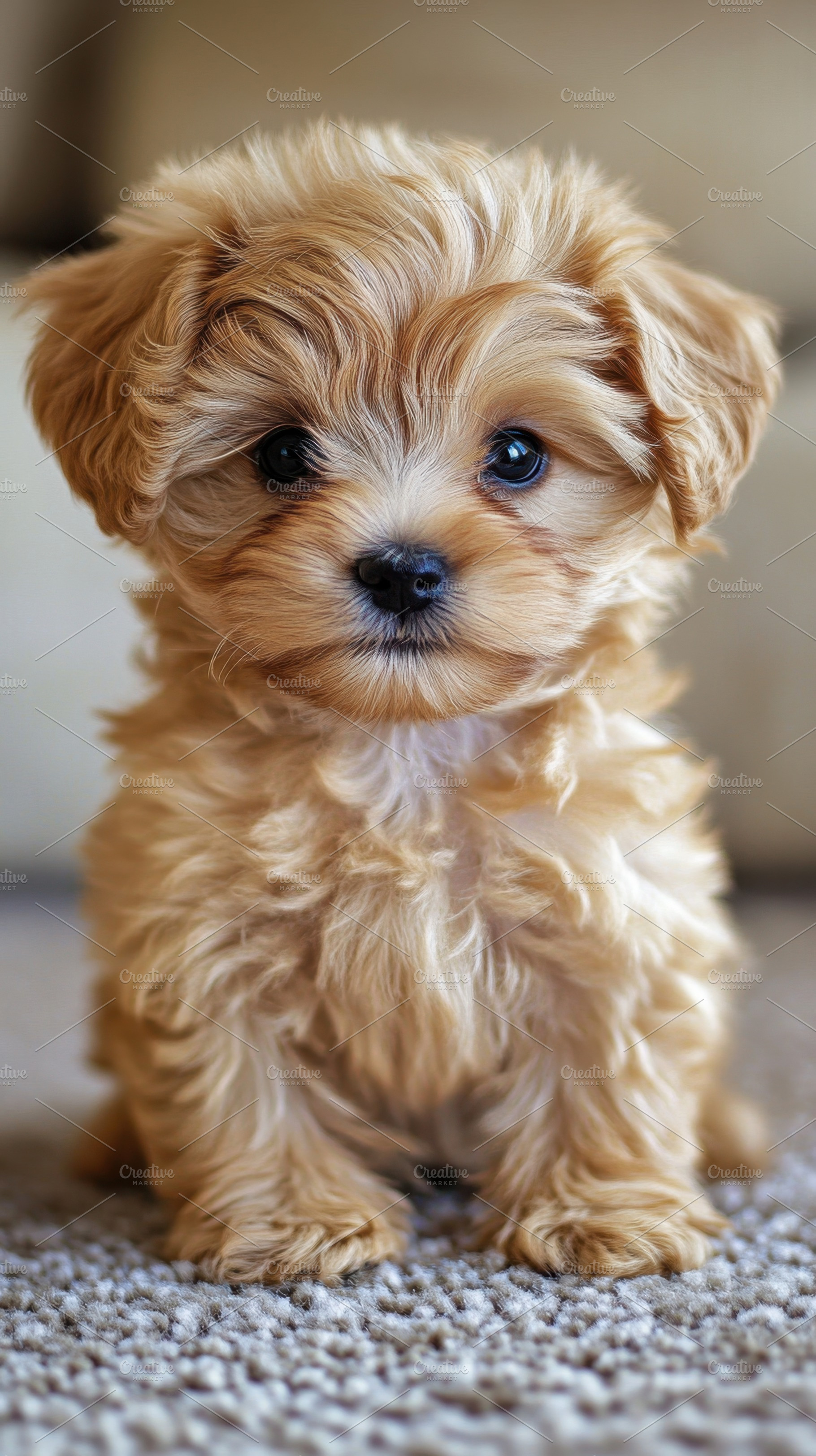 Cute fluffy puppy sitting on carpet, a Photo by Beautiful things