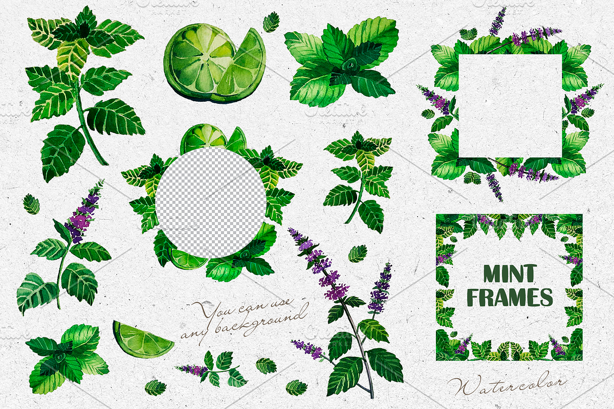 Mint. Mojito. Frames. Watercolor., an Object Illustration by Ojeny shop (Photo 3 of 3)