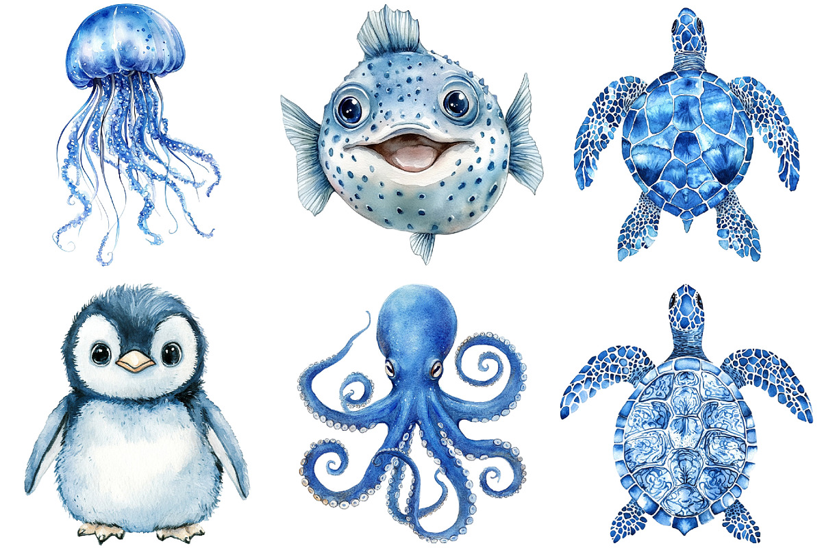 Watercolor Blue Ocean Animals Png, an Animal Illustration by cherrydesign (Photo 3 of 3)